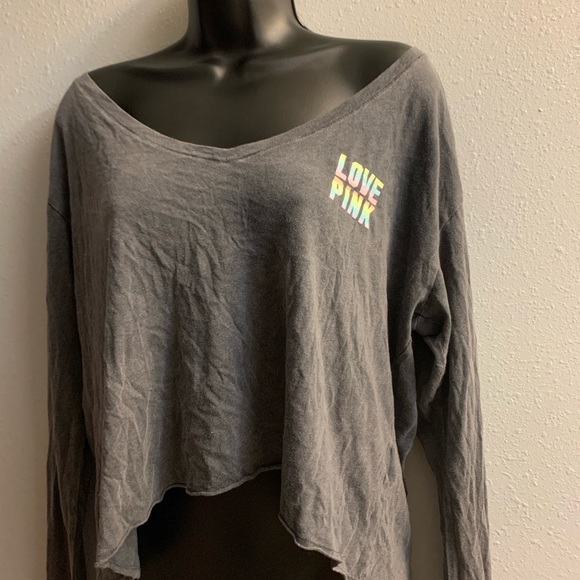 Victoria’s Secret pink grey cropped long sleeve t-shirt size med nwt# - Picture 1 of 3